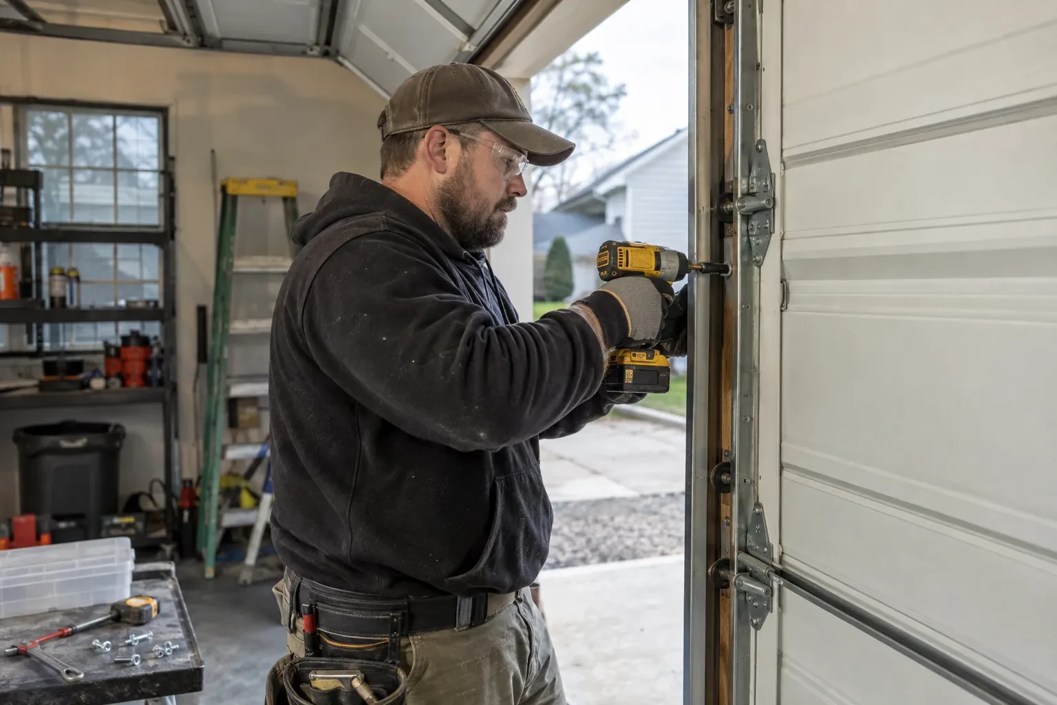 Illustrative garage doors scene; not an actual job