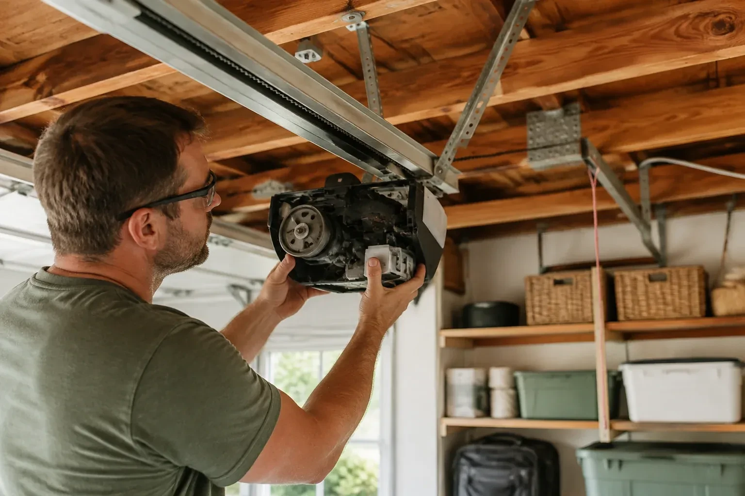 Illustrative garage doors scene; not an actual job — Belt-Drive Opener Repair, King