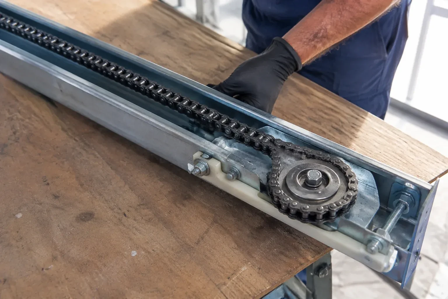 Illustrative garage doors scene; not an actual job — Chain-Drive Opener Repair, King