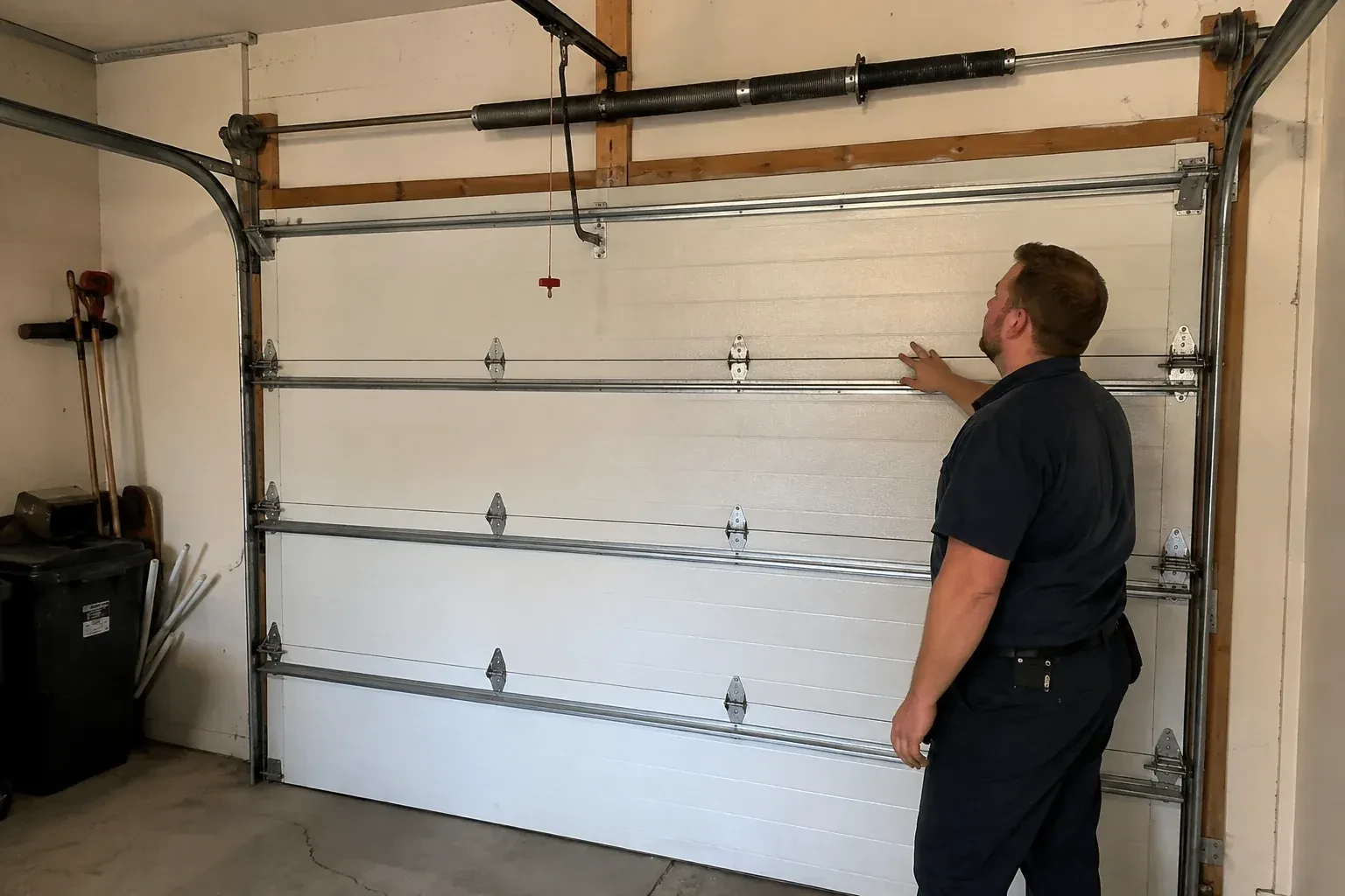 A person stands beside a closed sectional door beneath its overhead spring assembly. — Garage Door Balance Adjustment, King