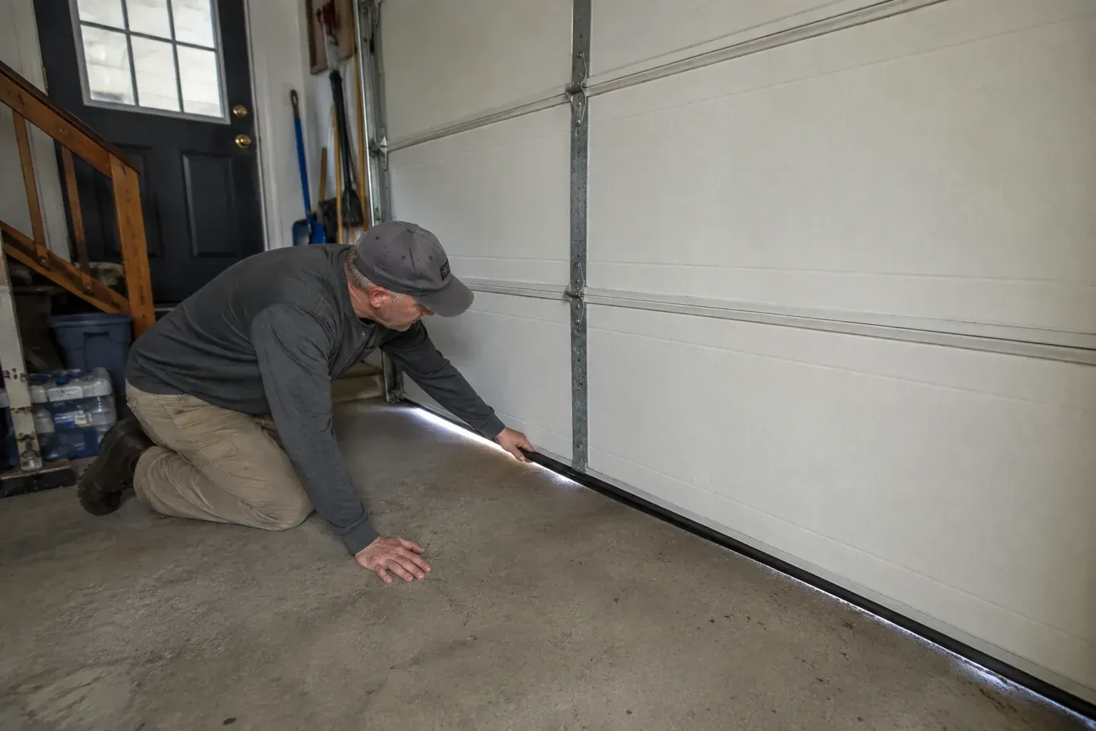 A person kneels beside the black bottom seal of a garage door, with daylight visible beneath the edge. — Garage Door Bottom Seal Replacement, King