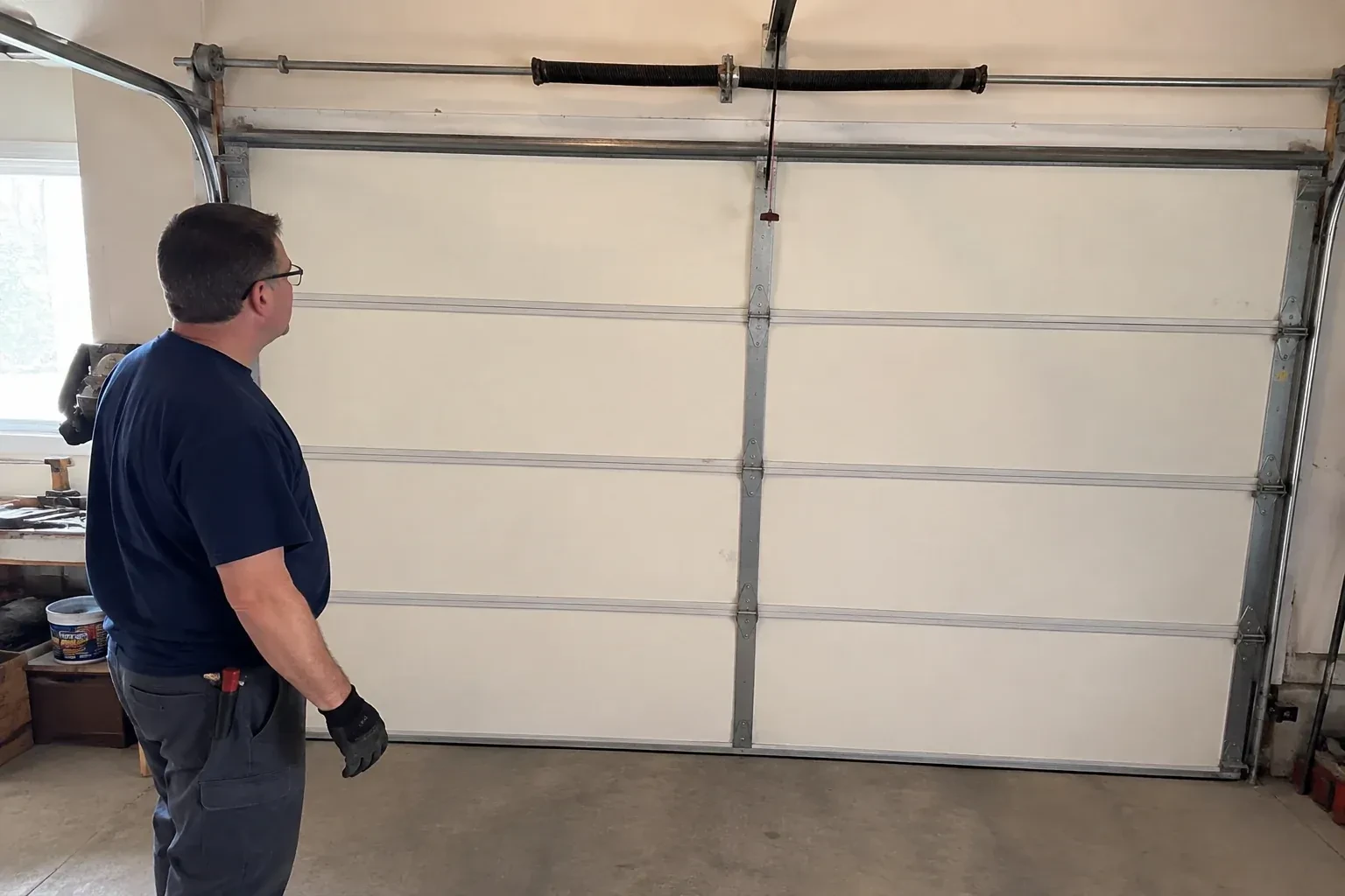 Illustrative garage doors scene; not an actual job — Off-Track Garage Door Reset, King