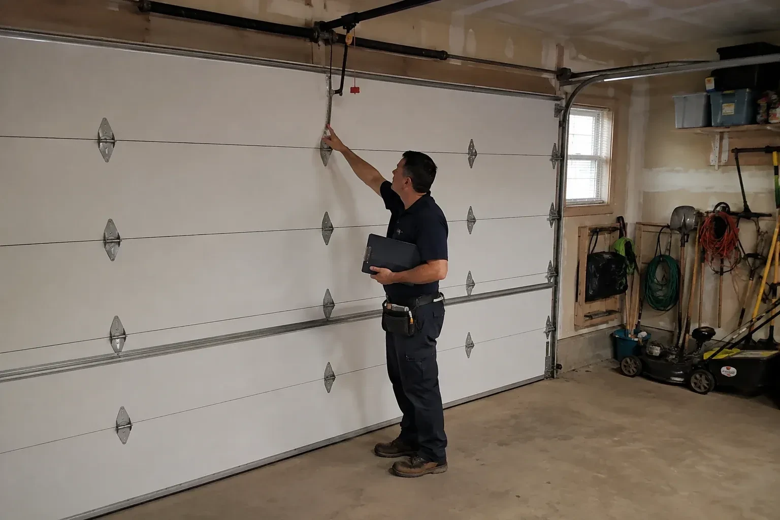 A person holding a clipboard examines the interior hardware of a closed garage door. — Garage Door Tune-Up, King