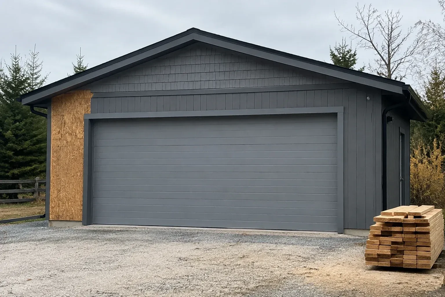 Closed grey garage door on a partly finished building beside stacked lumber. — New-Construction Garage Door Installation, King