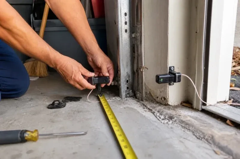 Hands holding a small wired device beside another mounted device and a tape measure at a garage-door opening — Photo-Eye Sensor Alignment or Replacement, King
