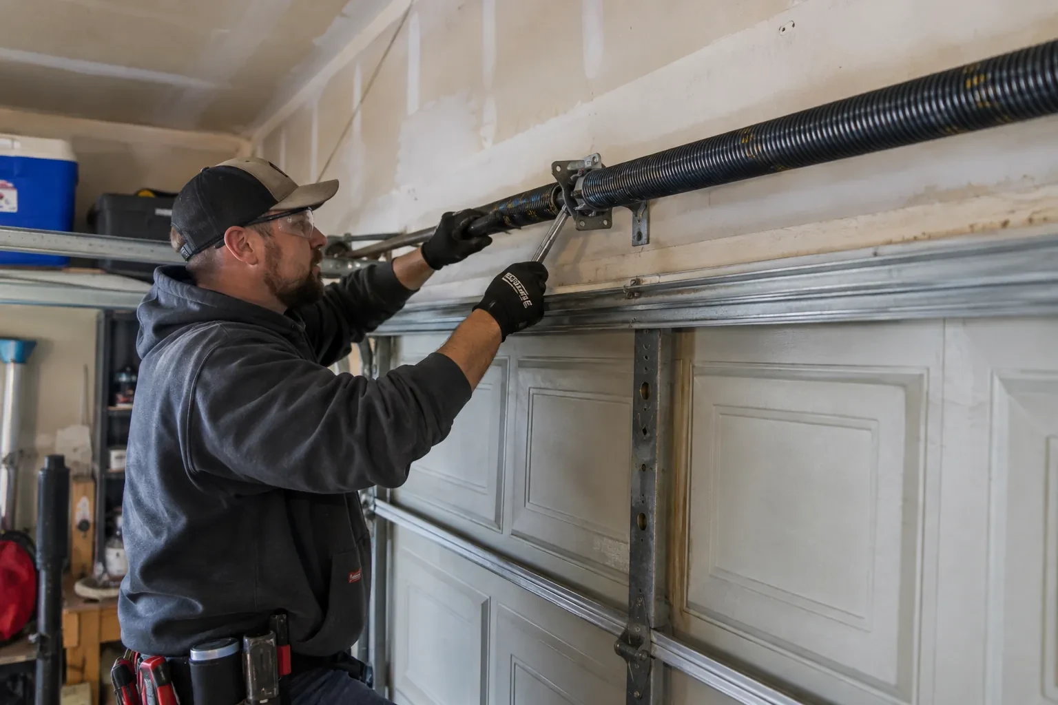 Technician in a black cap holding a wrench to a coiled black spring above a paneled door, with a blue cooler behind. — Nobleton