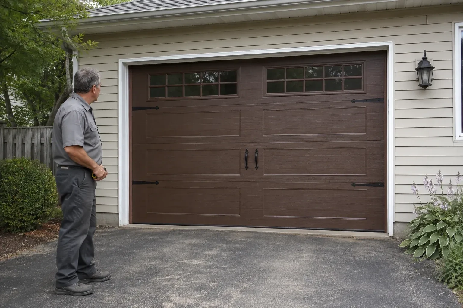 A person stands beside a closed brown garage door with upper windows and black decorative straps and handles. — Carriage-House Garage Door Installation, King