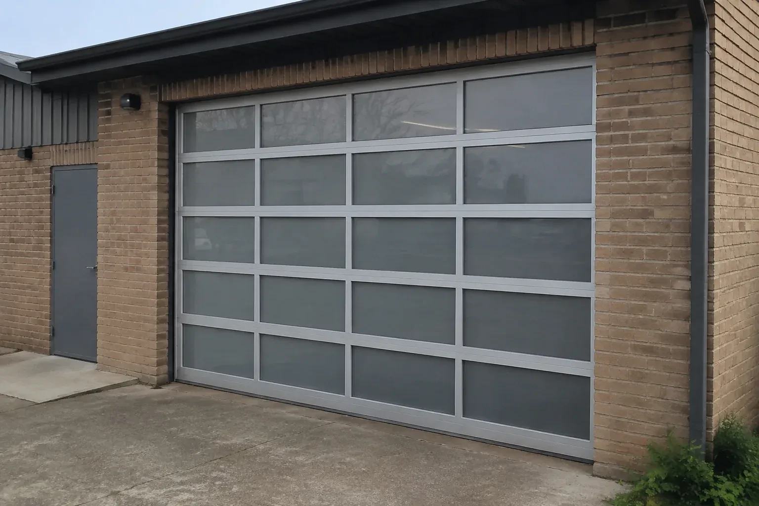 Closed glazed sectional door in a grey metal frame at a brick workshop. — Full-View Glass Garage Door Installation, King