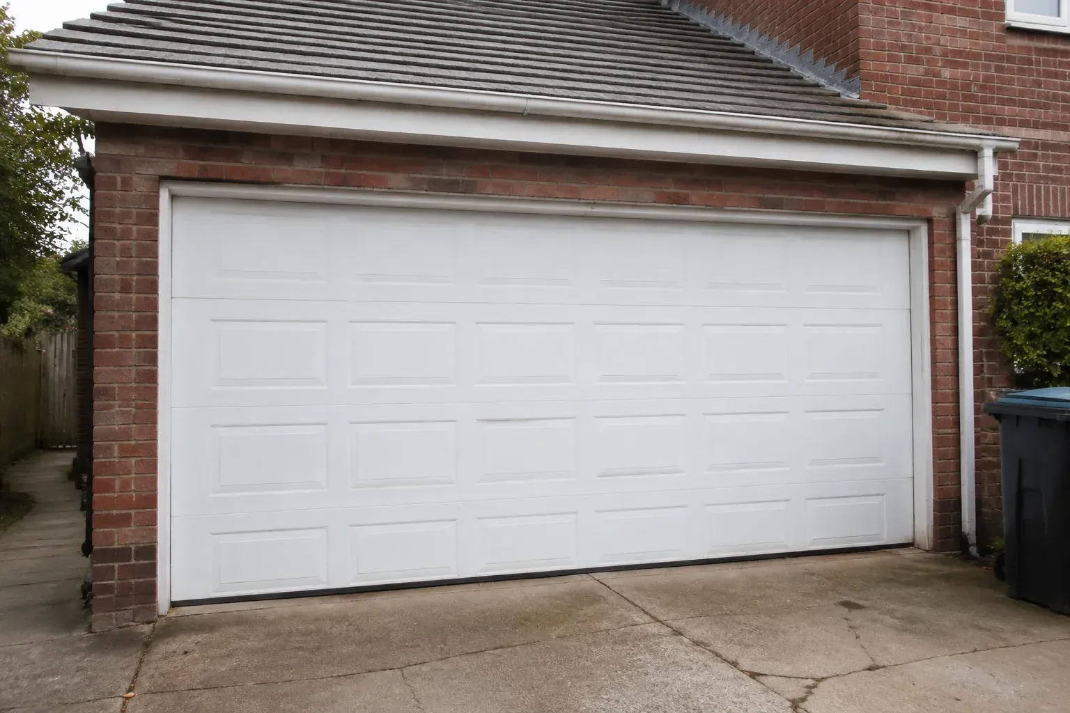 Closed white sectional garage door at an ordinary brick house. — Sectional Garage Door Replacement, King