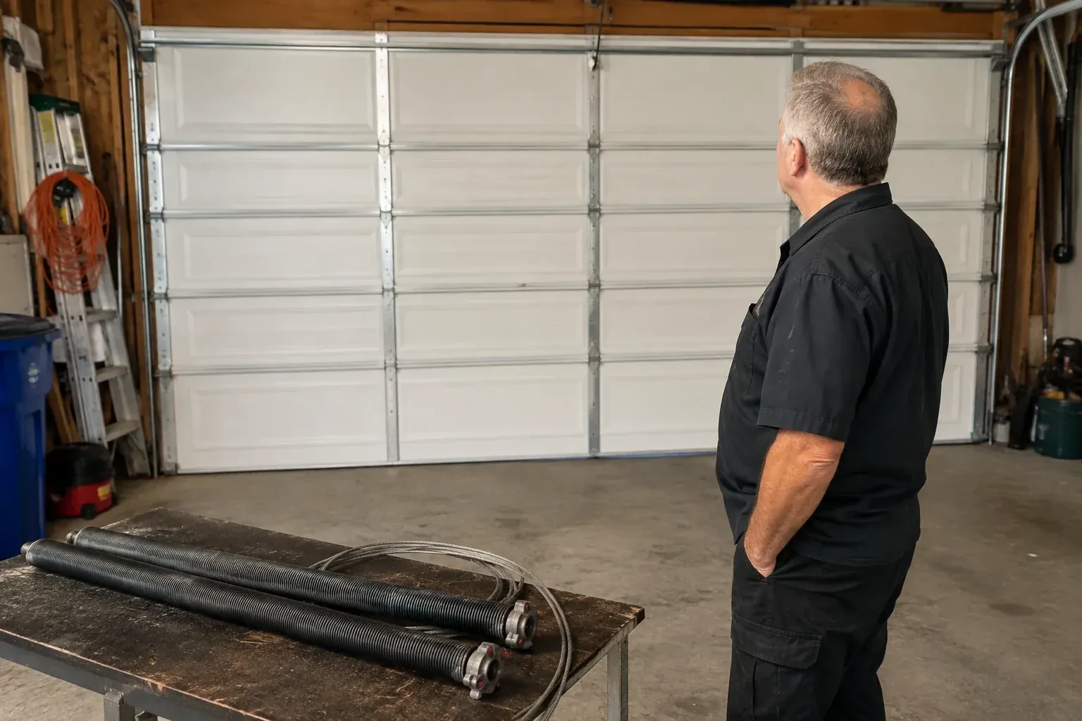 Detached coil springs with end fittings and a cable rest on a bench in front of a closed garage door. — Torsion Spring Replacement, Nobleton