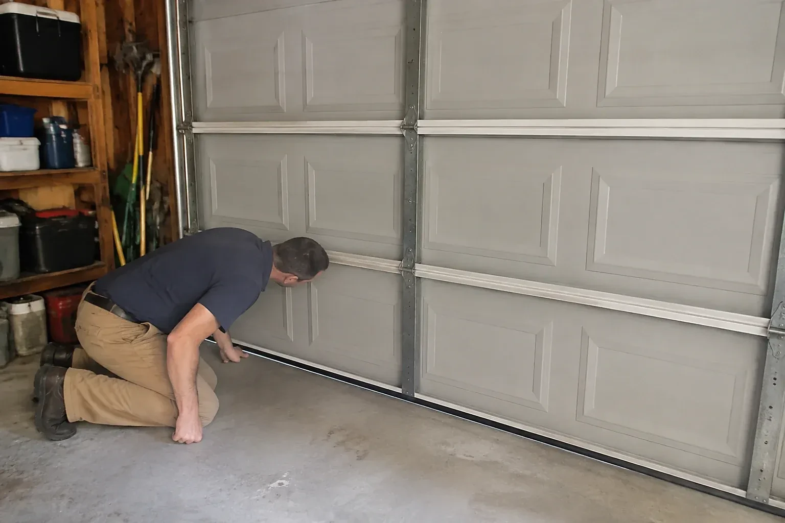 Person kneeling with a hand at the base of a gray paneled door that has a black strip along its bottom. — Garage Door Perimeter Weatherstrip, Nobleton