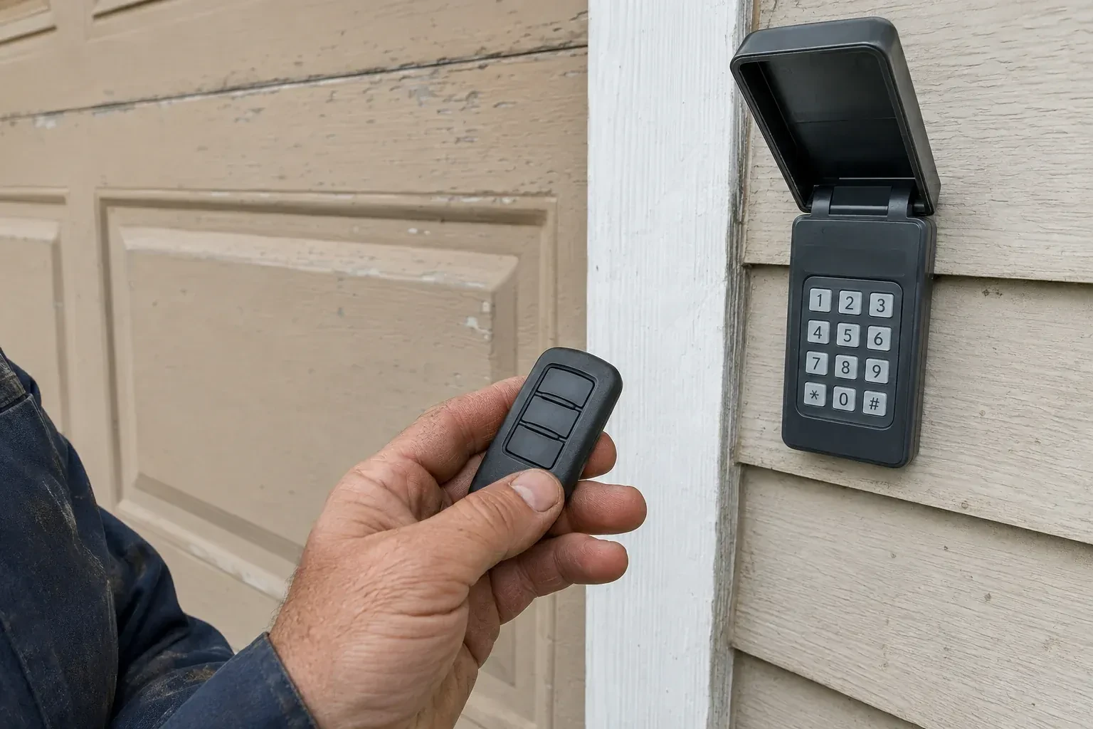 A hand holds a three-button remote beside an exterior garage keypad with its cover open. — Garage Door Remote and Keypad Programming, King