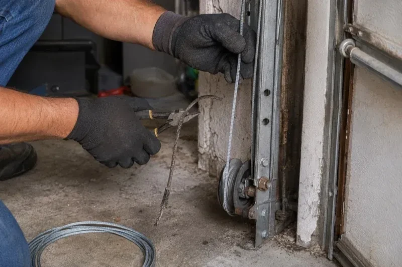 Gloved hands holding a bright cable and pliers gripping a frayed cable beside a garage-door track and pulley. — Garage Door Cable Replacement, Nobleton