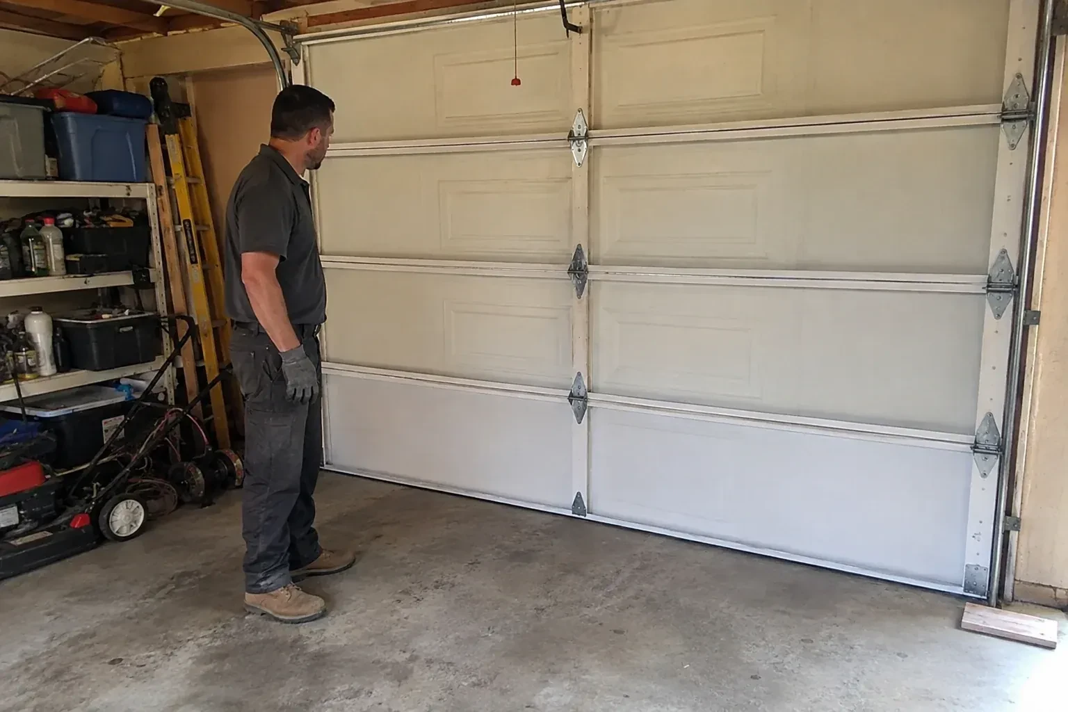 A person examines the interior panels and hinges of a closed sectional garage door. — Garage Door Panel Replacement, Nobleton