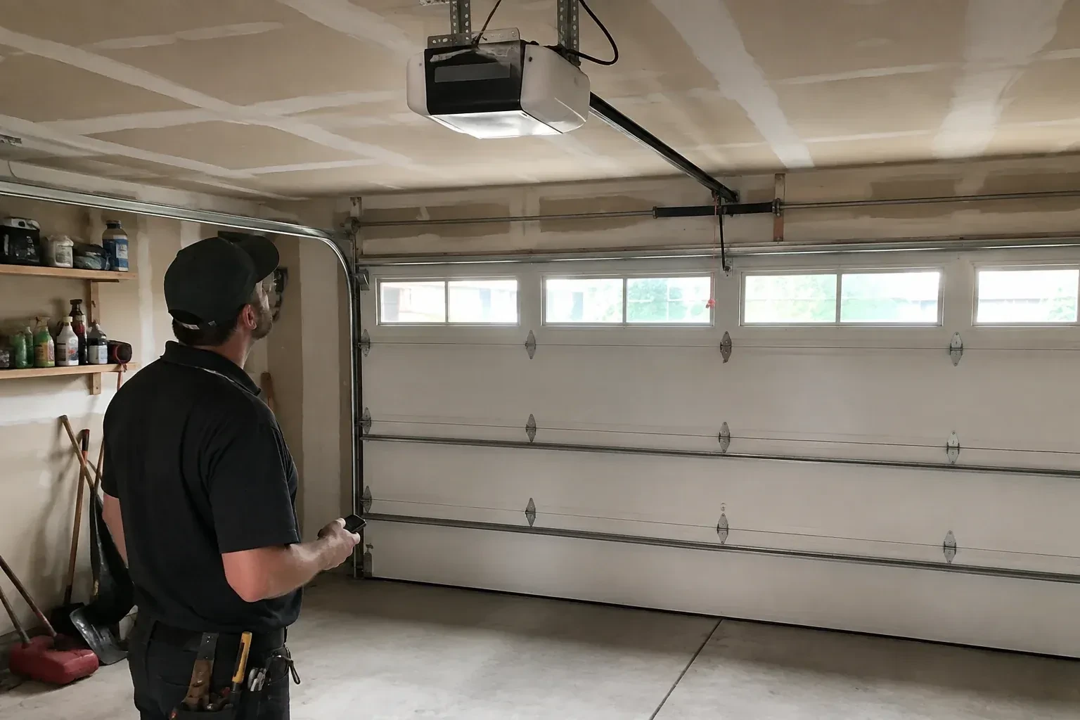 A person looks at an overhead opener above a closed garage door with a row of windows. — Garage Door Opener Replacement, Nobleton