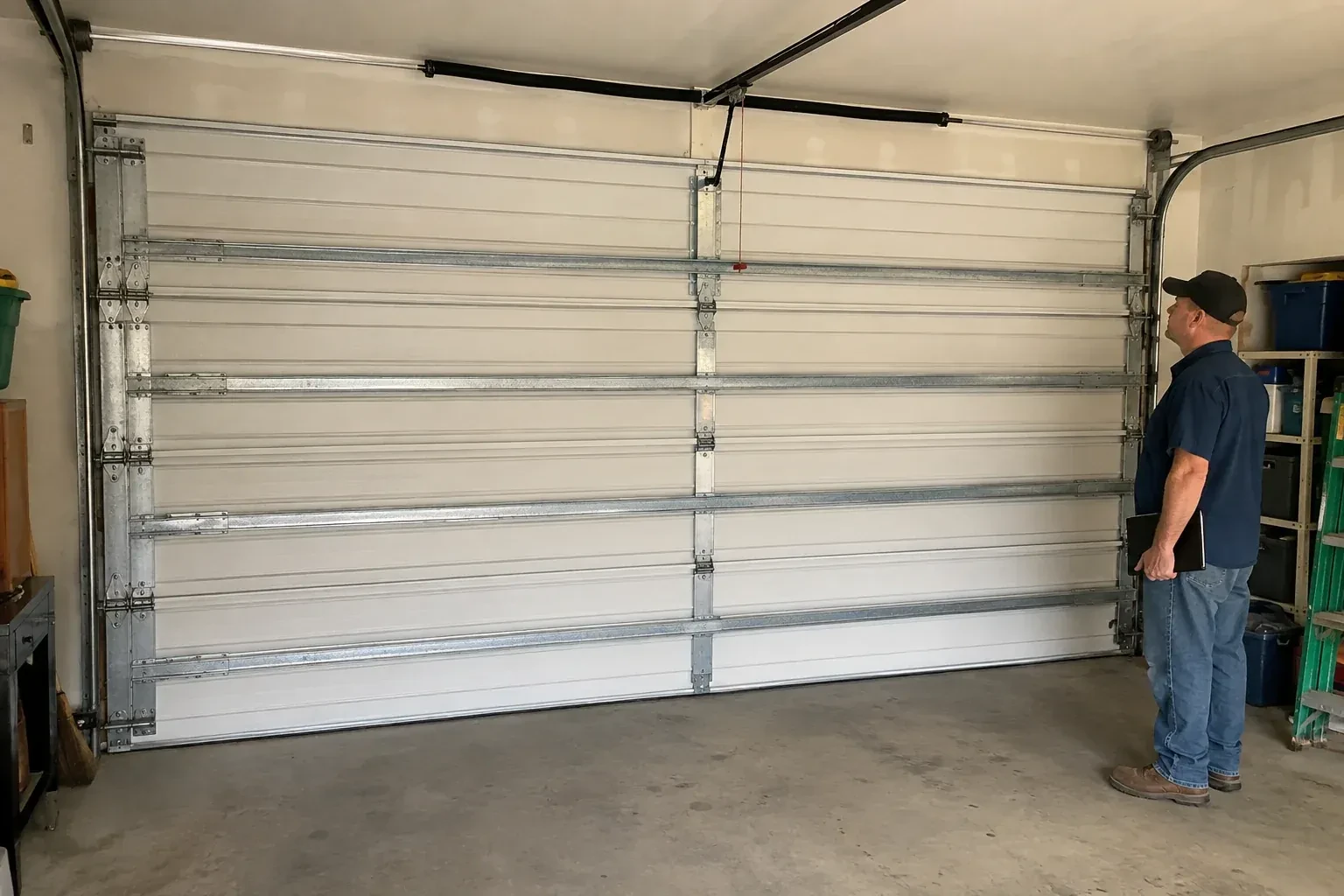 A person examines horizontal metal reinforcement members across the interior of a closed garage door. — Wind-Rated Garage Door Replacement, King