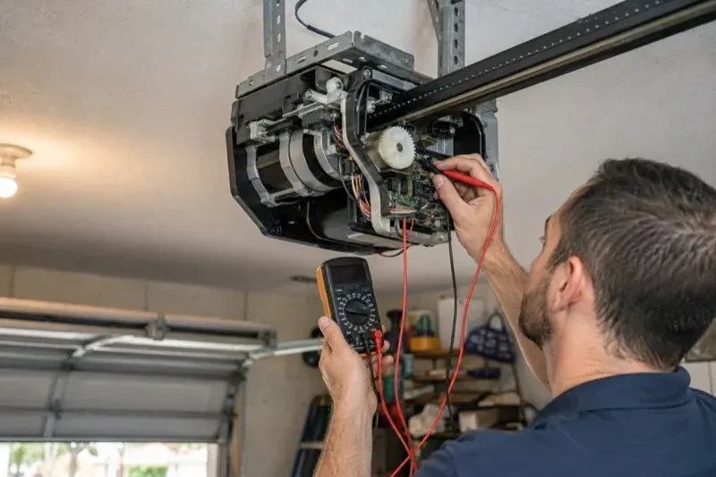 Person holding a multimeter and a red probe near the exposed circuit board of an overhead garage-door opener. — Garage Door Opener Diagnosis and Repair, King