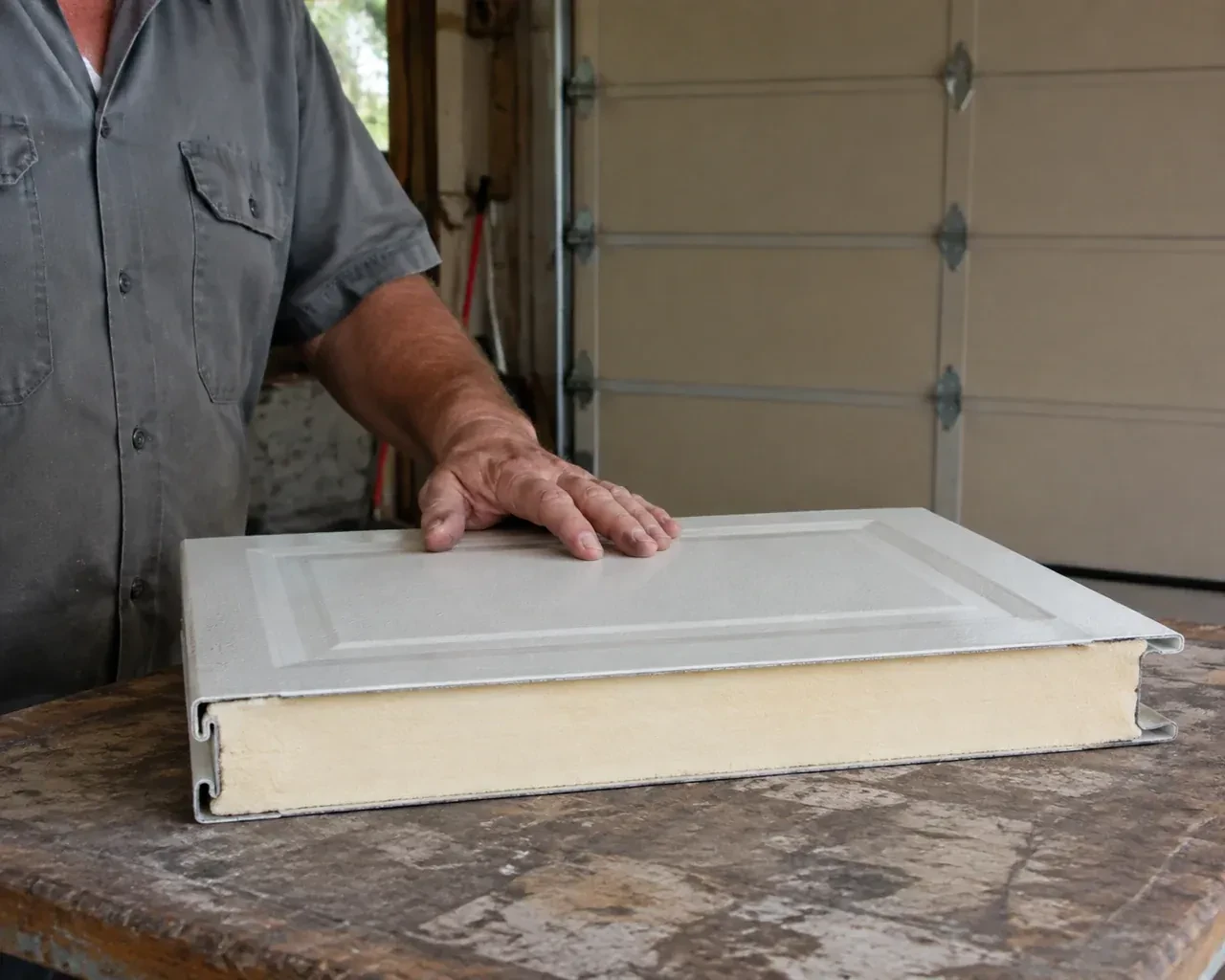 A panel sample exposes a cream foam core between thin metal faces on a garage workbench. — Insulated Steel Garage Door Installation, King