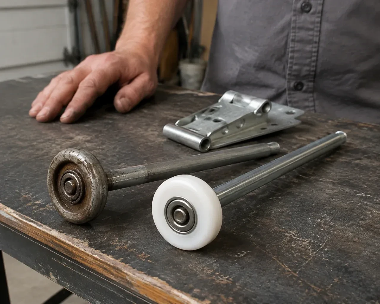 Steel and nylon garage-door rollers with long stems lie beside a detached hinge on a workbench. — Garage Door Roller Replacement, King