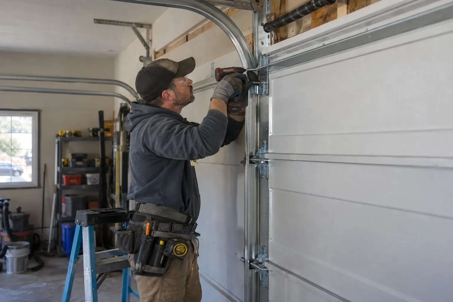 Technician using a red drill at the curved upper track bracket beside a coiled spring above a white garage door. — Nobleton