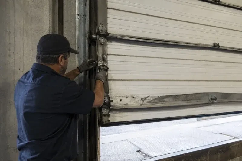 Person holding tools at the side hinge of a partly raised industrial sectional door — Commercial Sectional Door Repair, King