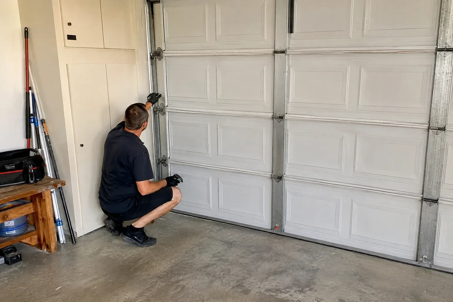 A person kneels beside the side track and hinges of a closed sectional garage door. — Garage Door Safety Inspection, King
