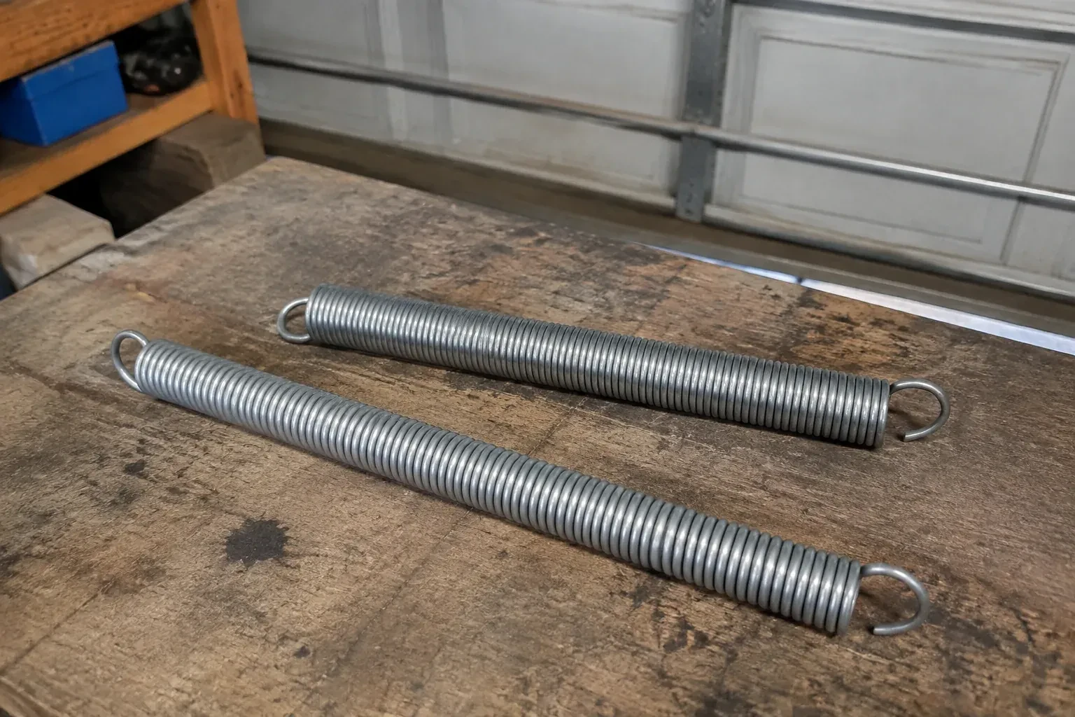 Two detached extension springs with hooked ends on a garage bench. — Extension Spring Replacement, Nobleton