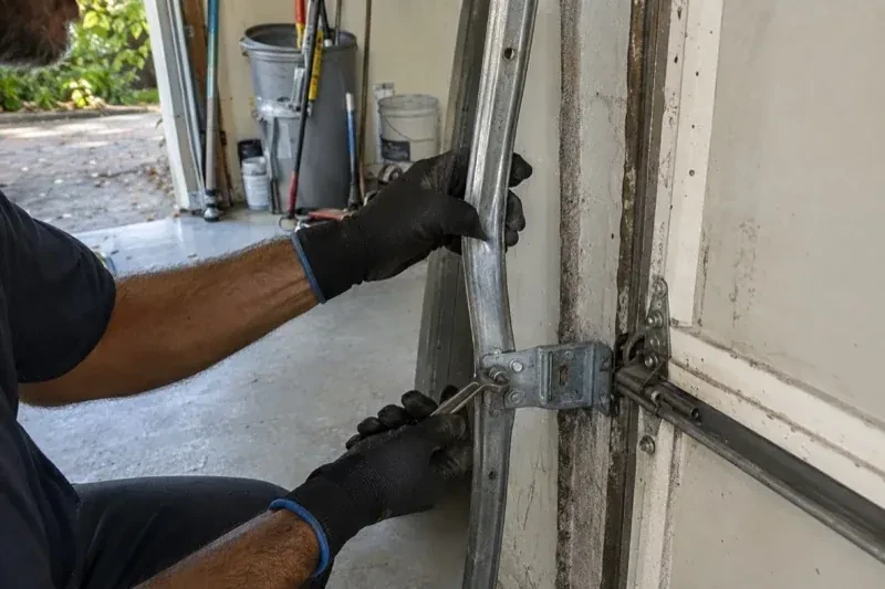 Gloved hands holding a vertical garage-door track and a wrench at its mounting bracket beside a door hinge. — Garage Door Track Repair or Replacement, Nobleton